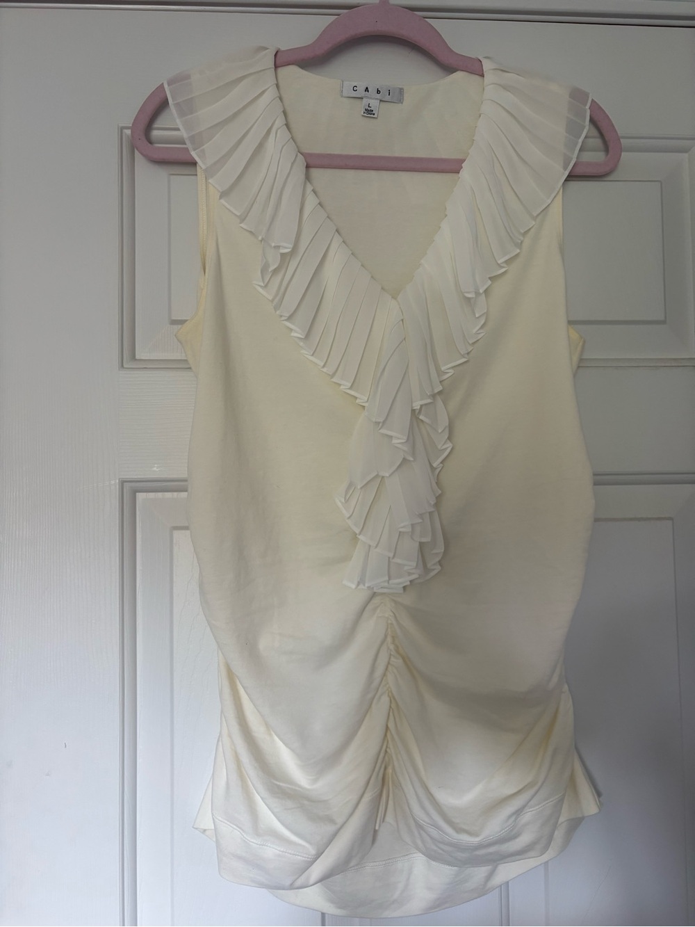 CAbi Cream Ruffle V-Neck Sleeveless Blouse